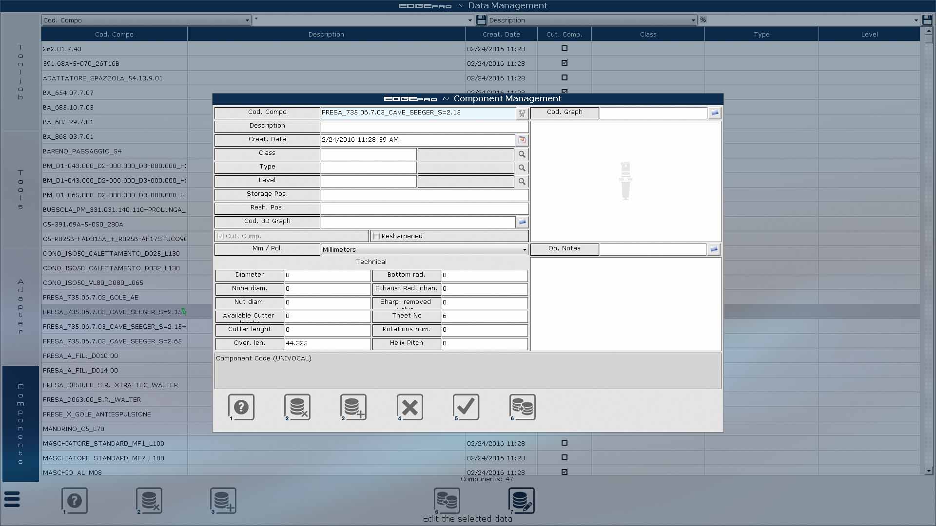 Edge Pro Control Software Database screen capture.