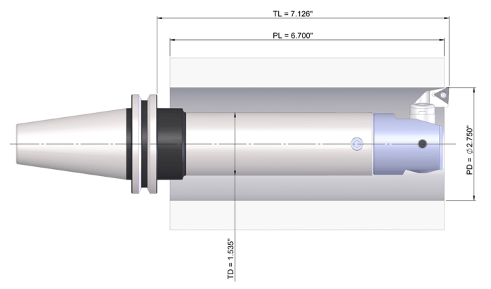 A boring assembly drawing demonstrating length-to-diameter ratio.